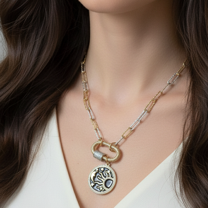 Black Enamel Celestial Pendant Carabiner Necklace, Gold/Silver - 20 inch