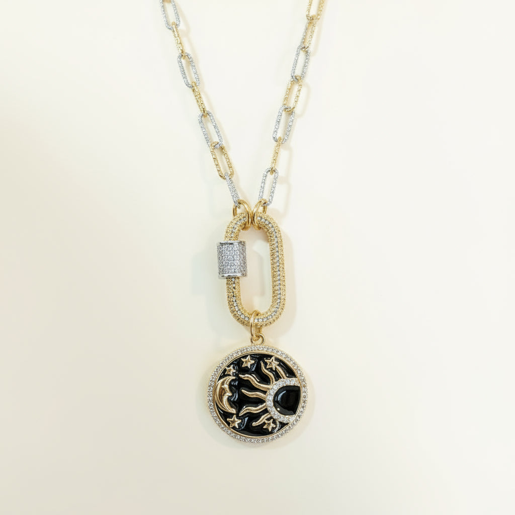 Black Enamel Celestial Pendant Carabiner Necklace, Gold/Silver - 20 inch