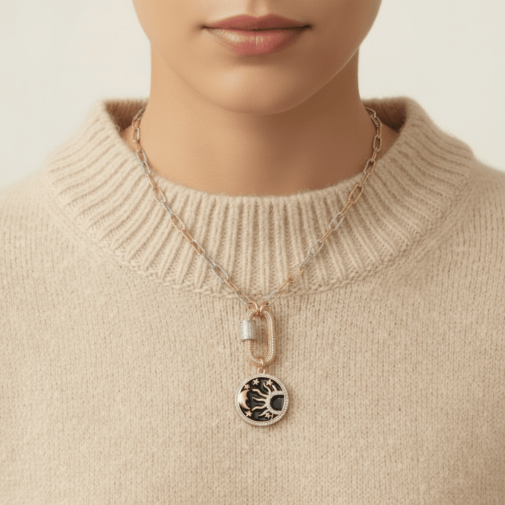 Black Enamel Celestial Pendant Carabiner Necklace, Gold/Silver - 20 inch