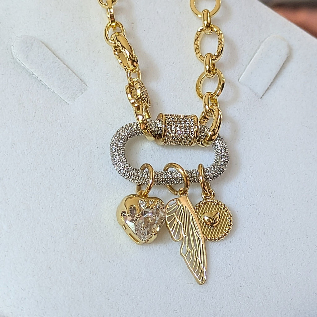 Dragonfly/Fairy Wing, Heart Carabiner Necklace, Gold - 20 inch