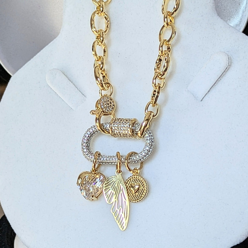 Dragonfly/Fairy Wing, Heart Carabiner Necklace, Gold - 20 inch