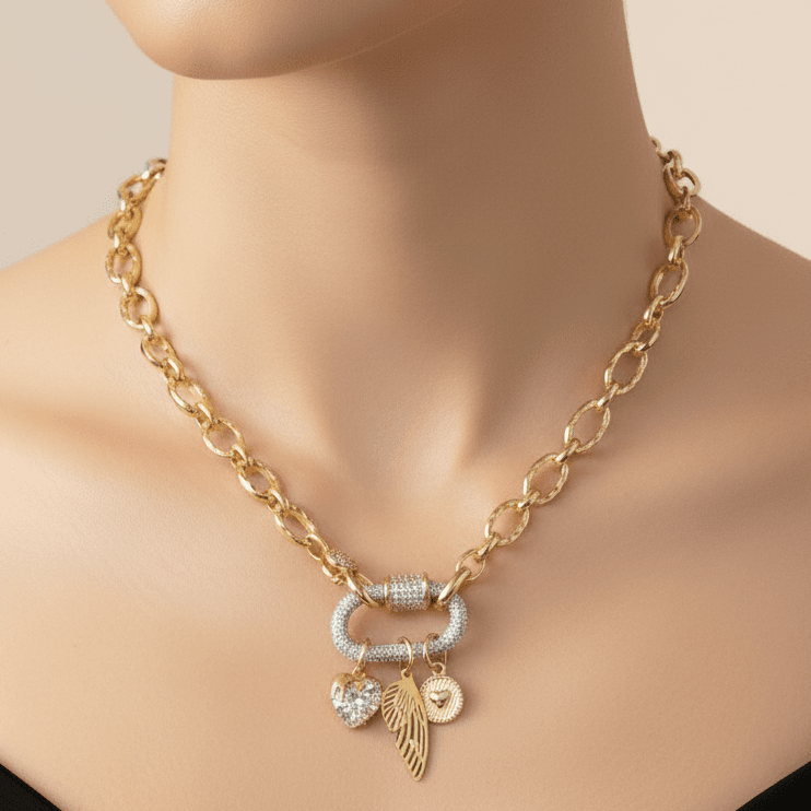 Dragonfly/Fairy Wing, Heart Carabiner Necklace, Gold - 20 inch