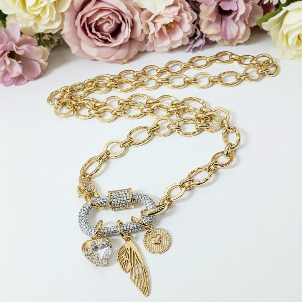 Dragonfly/Fairy Wing, Heart Carabiner Necklace, Gold - 20 inch