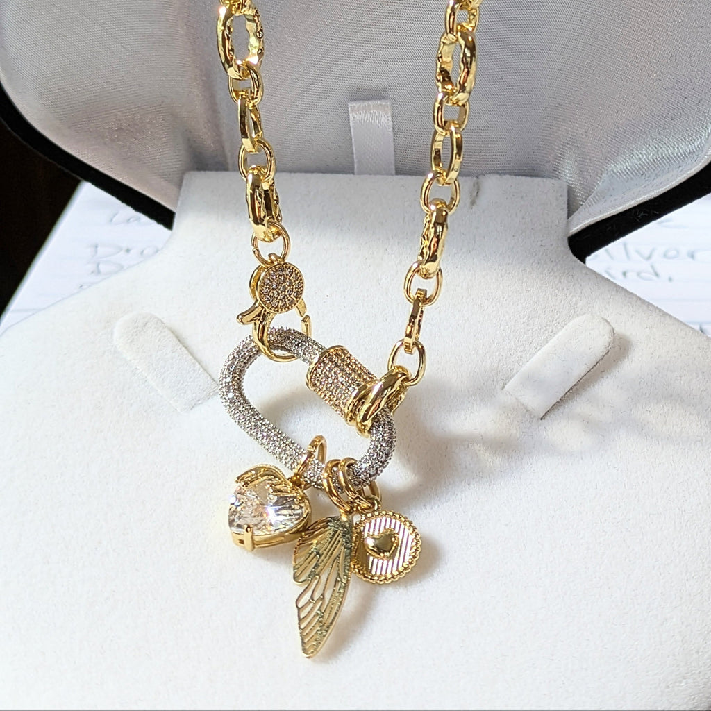 Dragonfly/Fairy Wing, Heart Carabiner Necklace, Gold - 20 inch