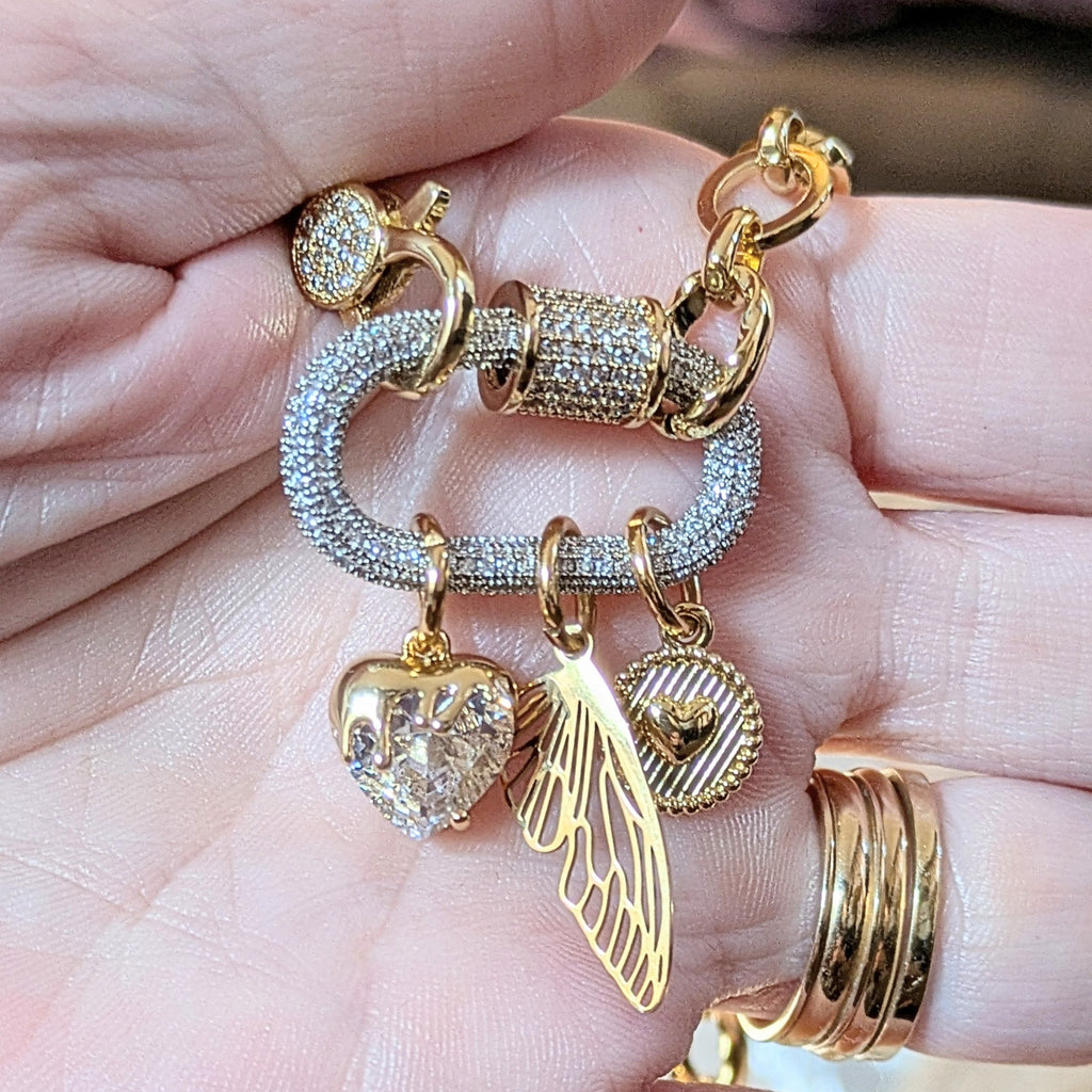 Dragonfly/Fairy Wing, Heart Carabiner Necklace, Gold - 20 inch