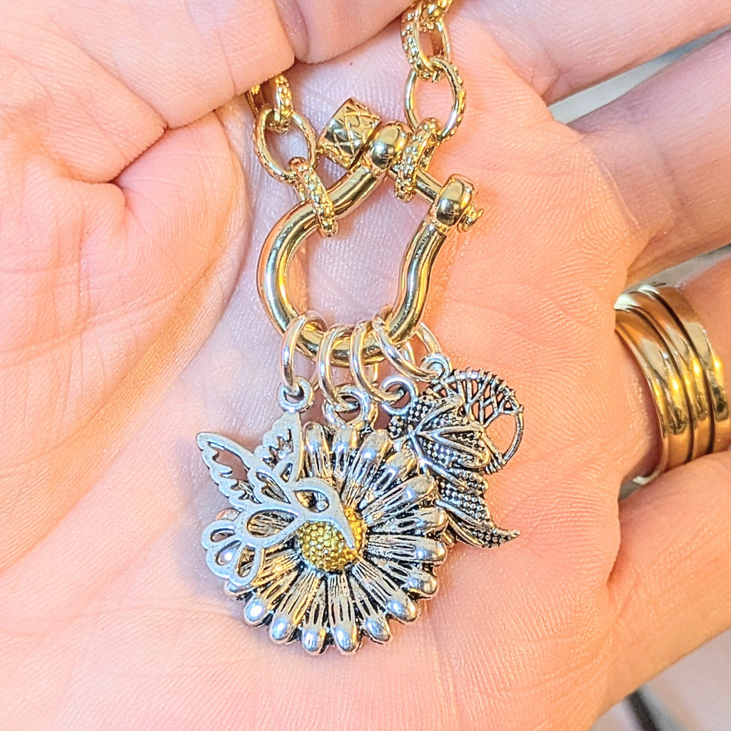 Two Tone Sunflower, Hummingbird Nature Carabiner Necklace, Gold - 20 inch
