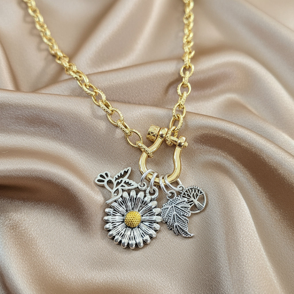 Two Tone Sunflower, Hummingbird Nature Carabiner Necklace, Gold - 20 inch