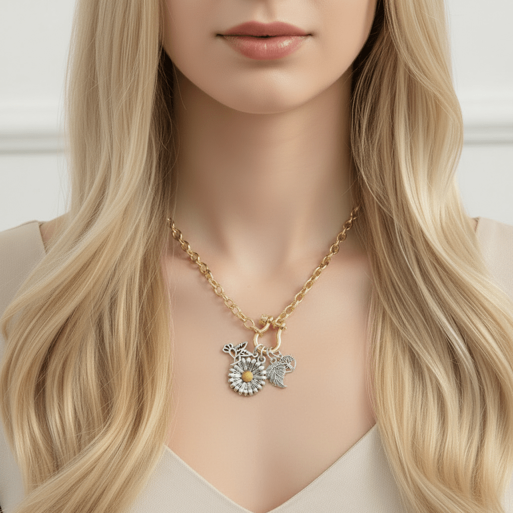 Two Tone Sunflower, Hummingbird Nature Carabiner Necklace, Gold - 20 inch