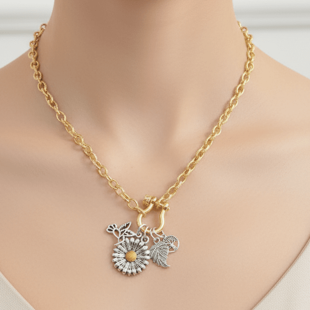 Two Tone Sunflower, Hummingbird Nature Carabiner Necklace, Gold - 20 inch