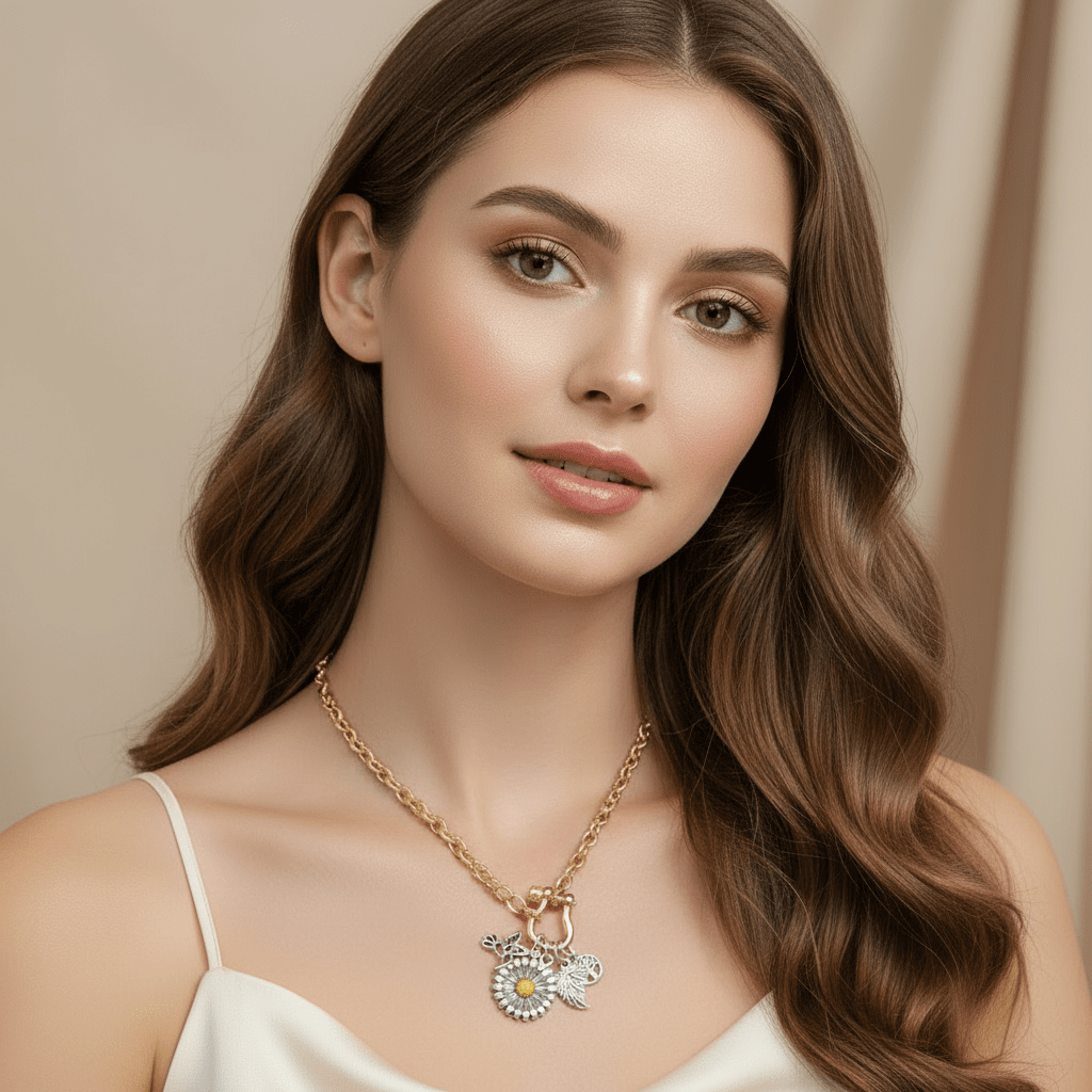 Two Tone Sunflower, Hummingbird Nature Carabiner Necklace, Gold - 20 inch