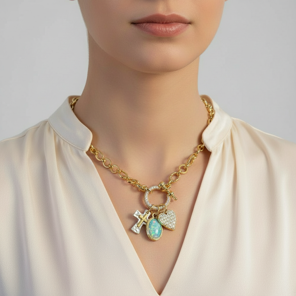 Two Tone Cross, Faux Opal and Heart Carabiner Necklace, Gold - 20 inch