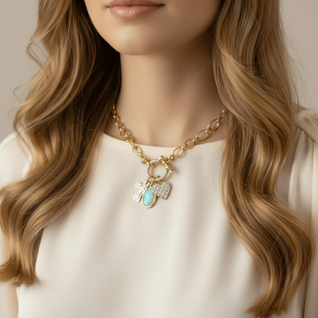 Two Tone Cross, Faux Opal and Heart Carabiner Necklace, Gold - 20 inch