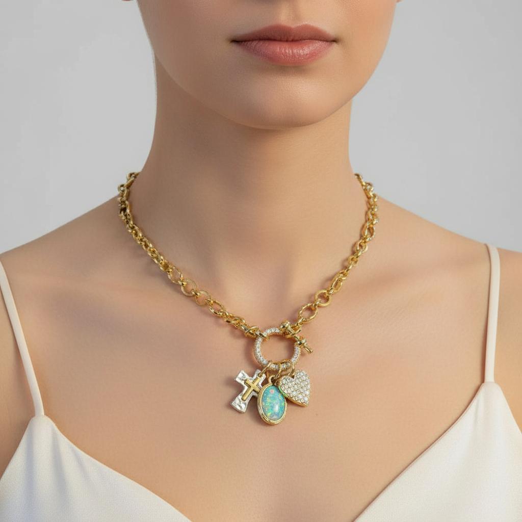 Two Tone Cross, Faux Opal and Heart Carabiner Necklace, Gold - 20 inch