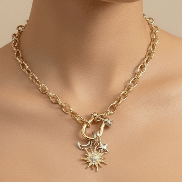 Gold CZ Sun and Silver Moon and Star Carabiner Necklace, Gold - 20 inch