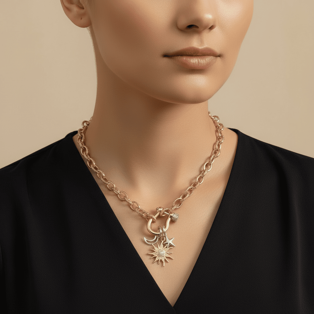 Gold CZ Sun and Silver Moon and Star Carabiner Necklace, Gold - 20 inch