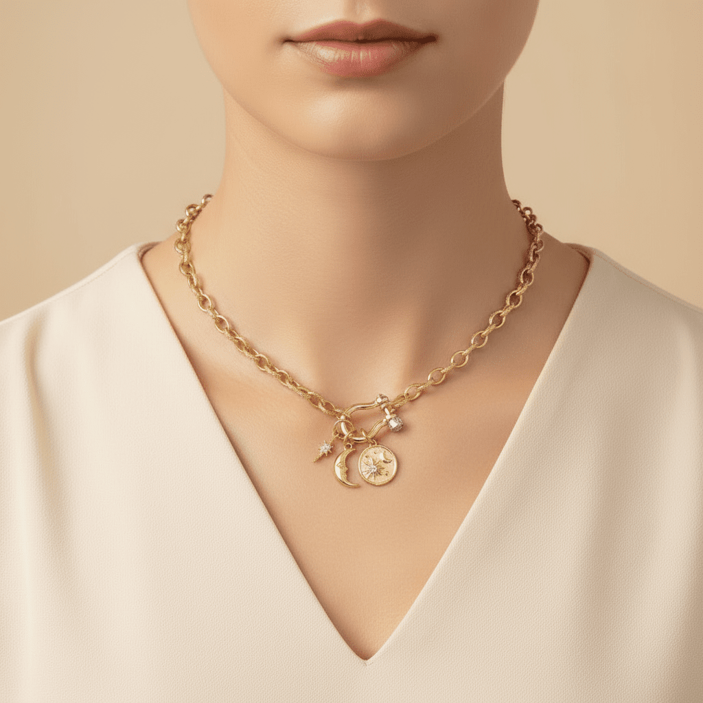 Crescent Moon and Star Carabiner Necklace, Gold - 20 inch