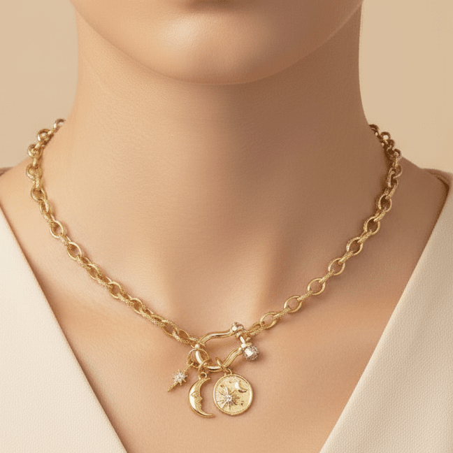 Crescent Moon and Star Carabiner Necklace, Gold - 20 inch