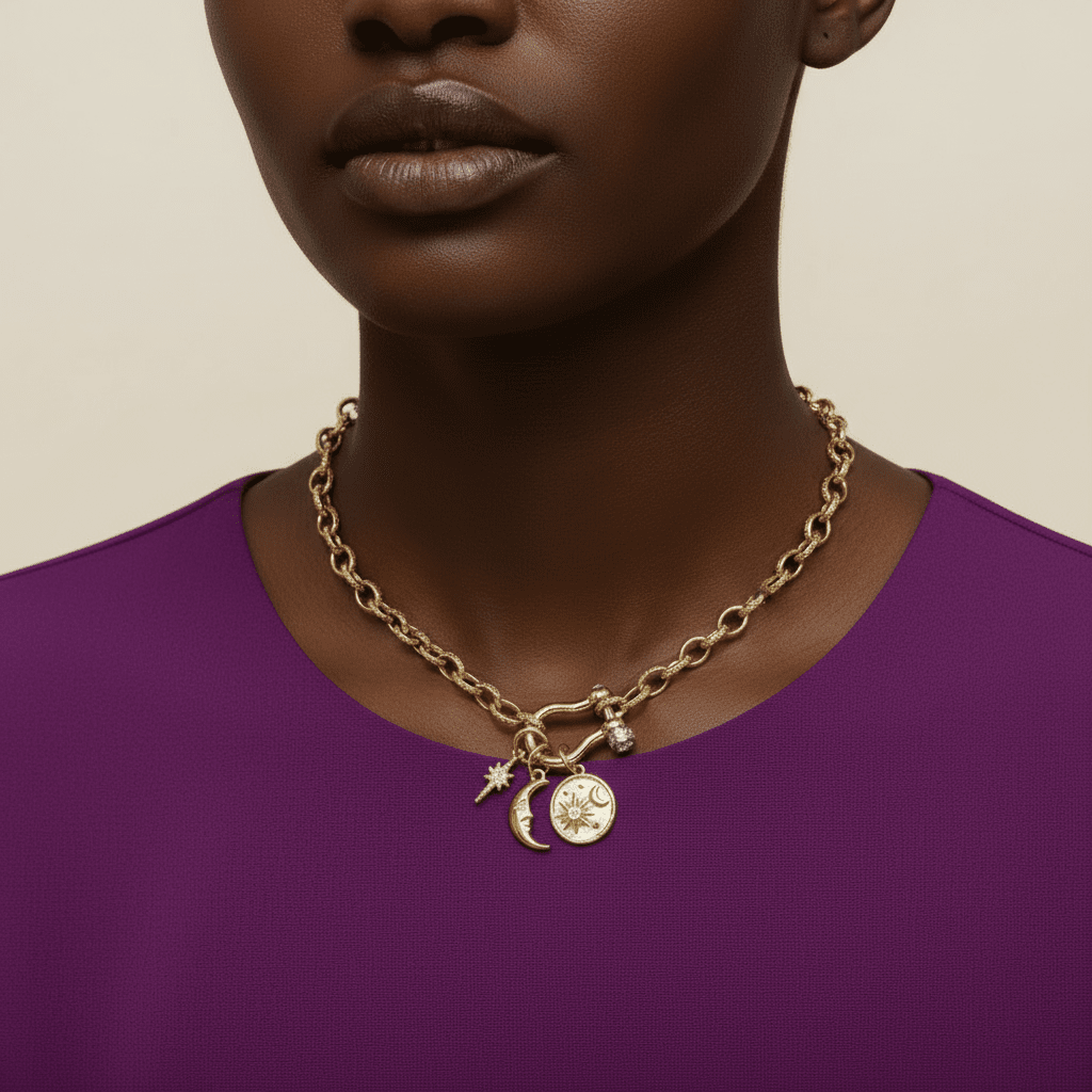 Crescent Moon and Star Carabiner Necklace, Gold - 20 inch