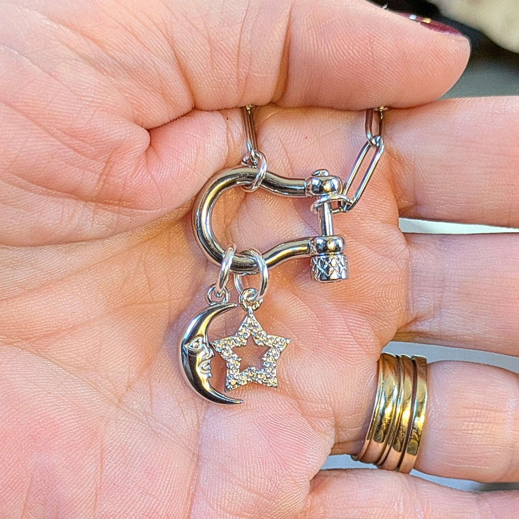Celestial Moon CZ Star Carabiner Necklace, Silver - 20 inch