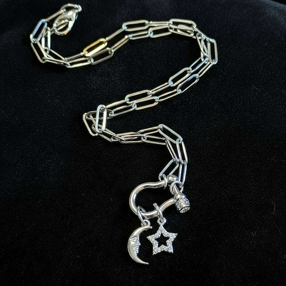 Celestial Moon CZ Star Carabiner Necklace, Silver - 20 inch