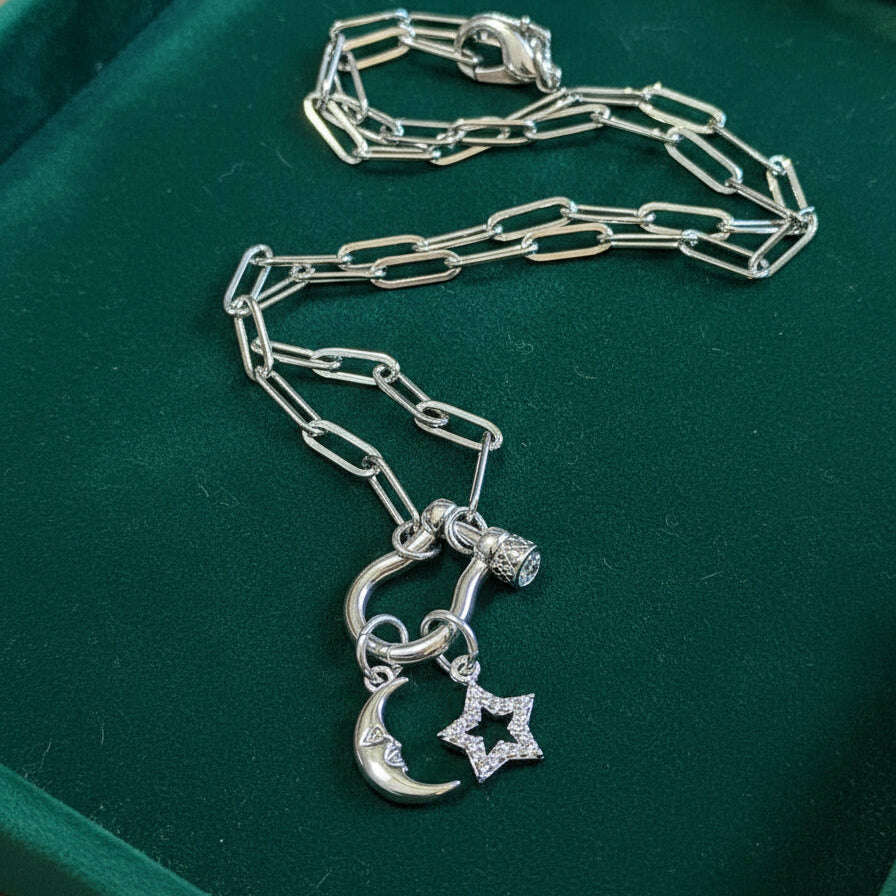 Celestial Moon CZ Star Carabiner Necklace, Silver - 20 inch