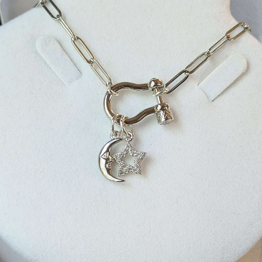 Celestial Moon CZ Star Carabiner Necklace, Silver - 20 inch