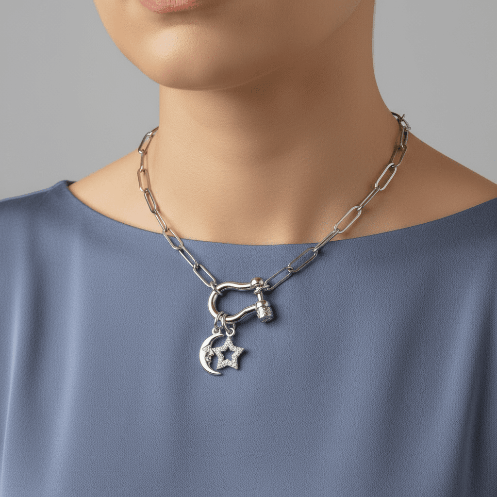 Celestial Moon CZ Star Carabiner Necklace, Silver - 20 inch