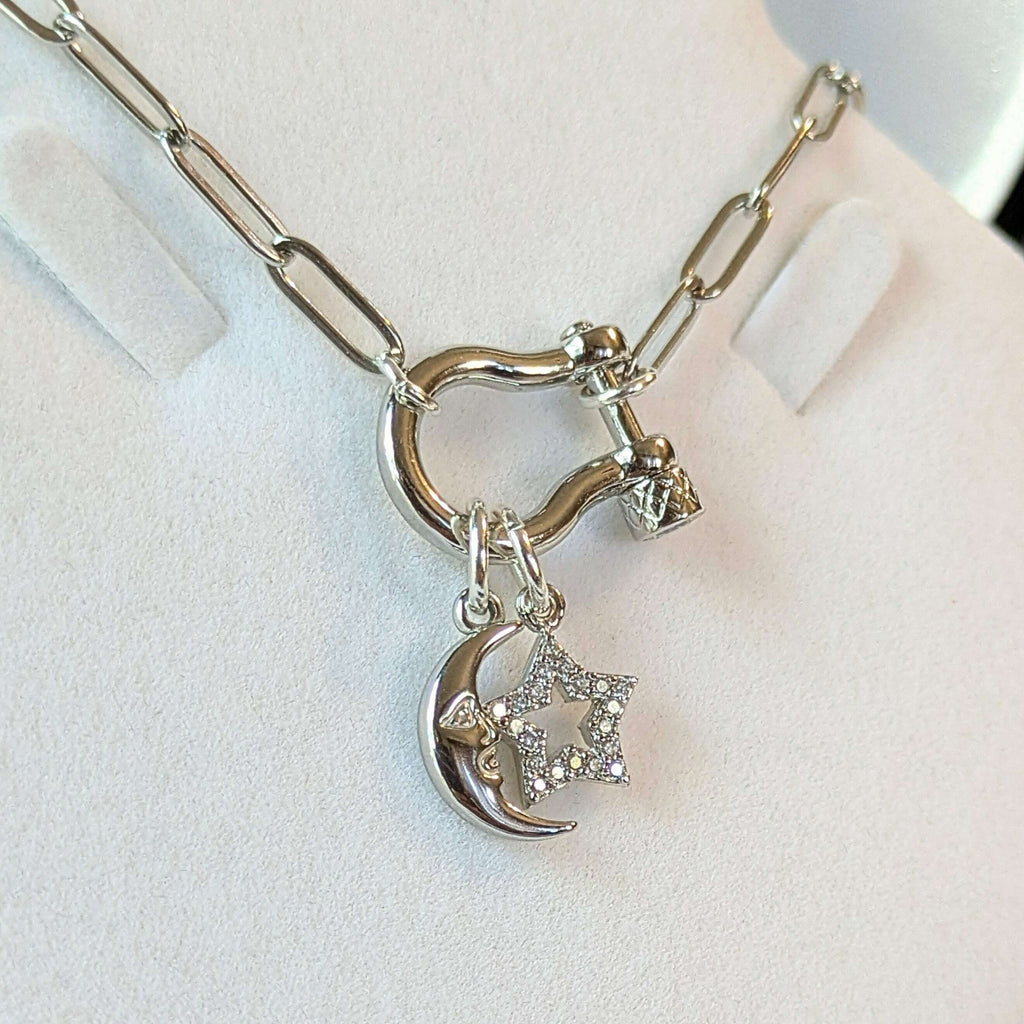 Celestial Moon CZ Star Carabiner Necklace, Silver - 20 inch
