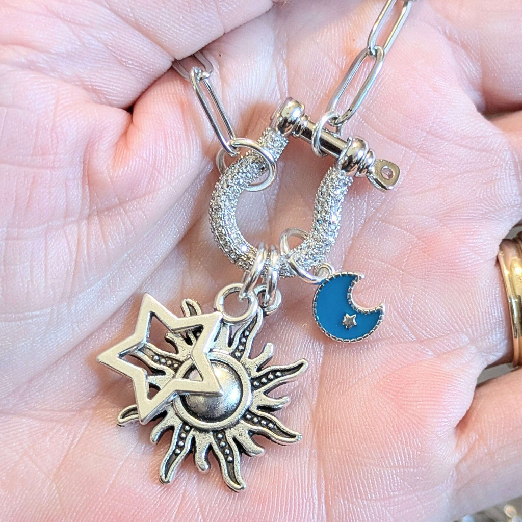 Fiery Sun, Blue Moon and Star Carabiner Necklace, Silver - 20 inch