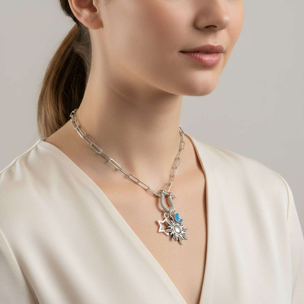 Fiery Sun, Blue Moon and Star Carabiner Necklace, Silver - 20 inch