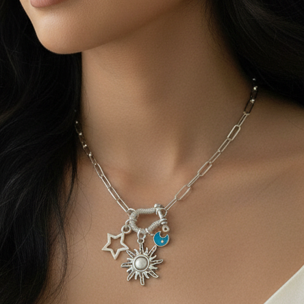 Fiery Sun, Blue Moon and Star Carabiner Necklace, Silver - 20 inch