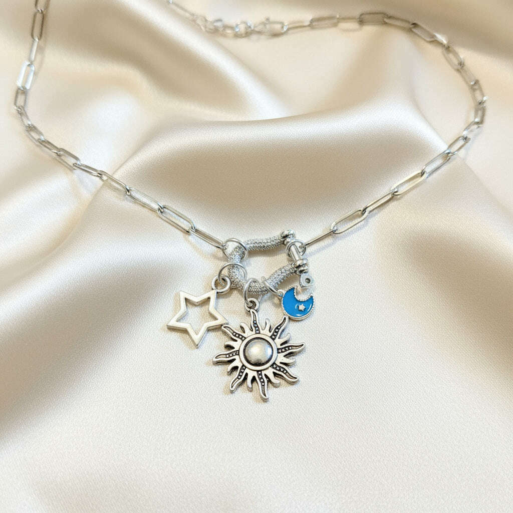 Fiery Sun, Blue Moon and Star Carabiner Necklace, Silver - 20 inch