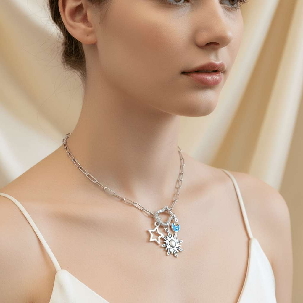 Fiery Sun, Blue Moon and Star Carabiner Necklace, Silver - 20 inch