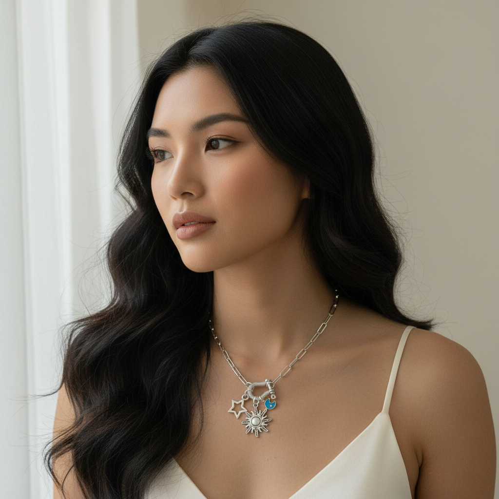 Fiery Sun, Blue Moon and Star Carabiner Necklace, Silver - 20 inch