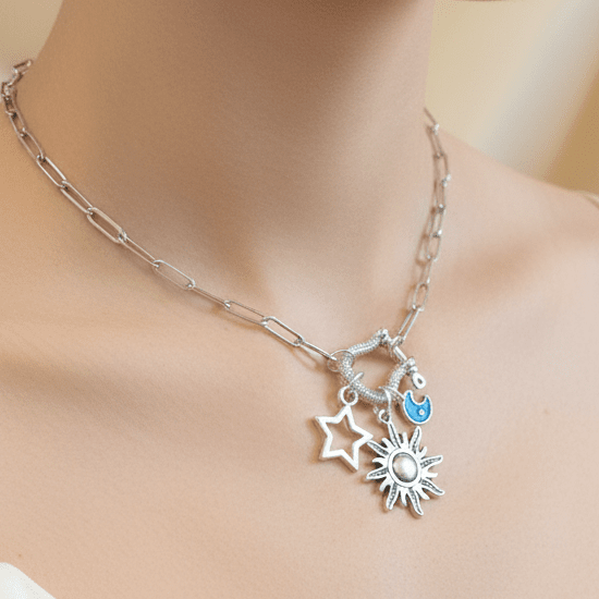 Fiery Sun, Blue Moon and Star Carabiner Necklace, Silver - 20 inch