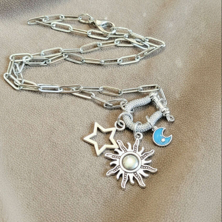 Fiery Sun, Blue Moon and Star Carabiner Necklace, Silver - 20 inch