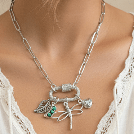 Large Dragonfly, Garden Friends Carabiner Necklace, Silver - 20 inch