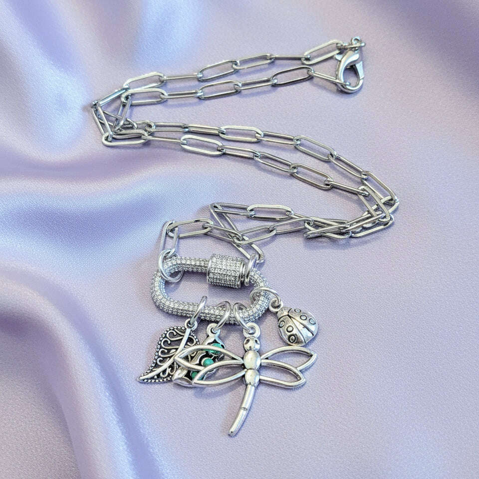 Large Dragonfly, Garden Friends Carabiner Necklace, Silver - 20 inch