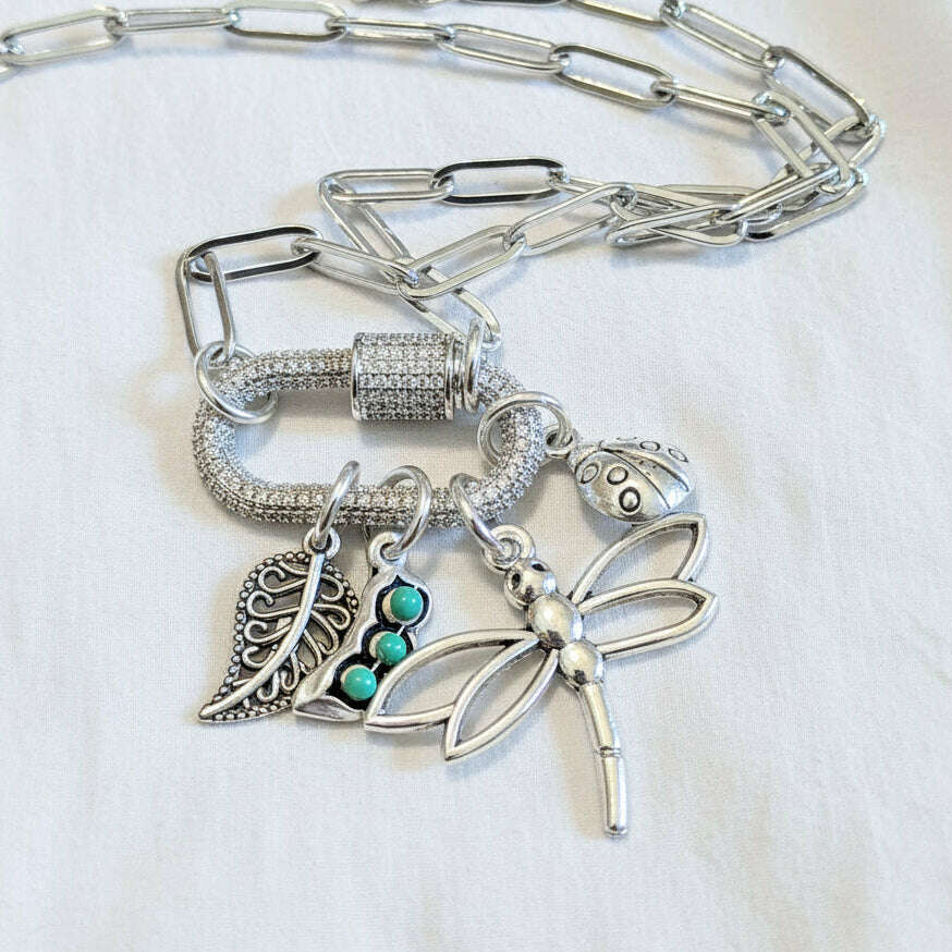 Large Dragonfly, Garden Friends Carabiner Necklace, Silver - 20 inch