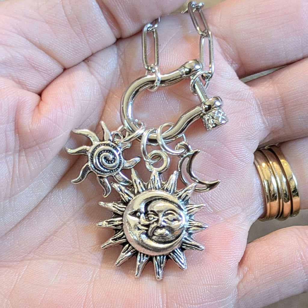 Sun/Moon, Crescent Moon and Swirly Sun Carabiner Necklace, Silver - 20 inch