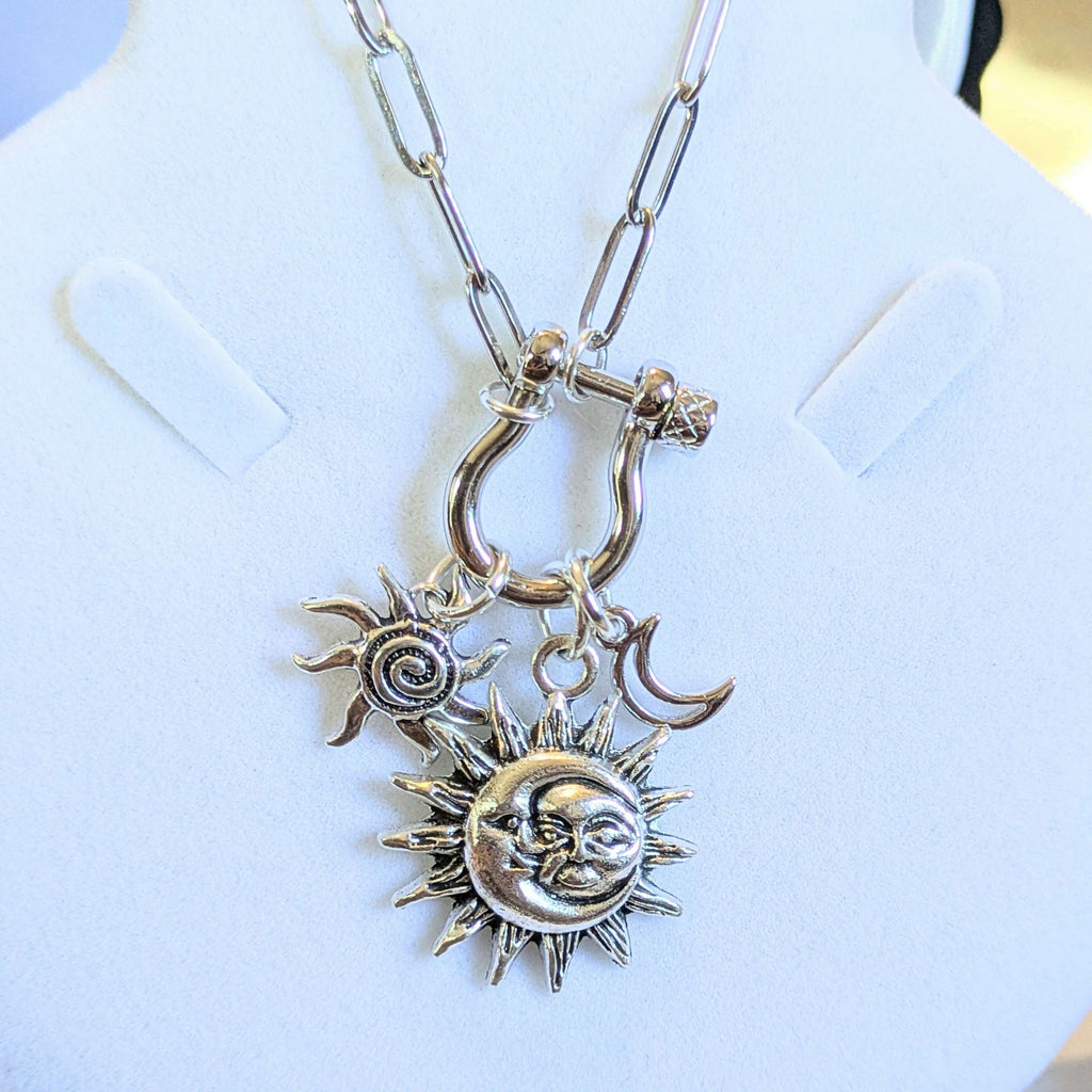 Sun/Moon, Crescent Moon and Swirly Sun Carabiner Necklace, Silver - 20 inch