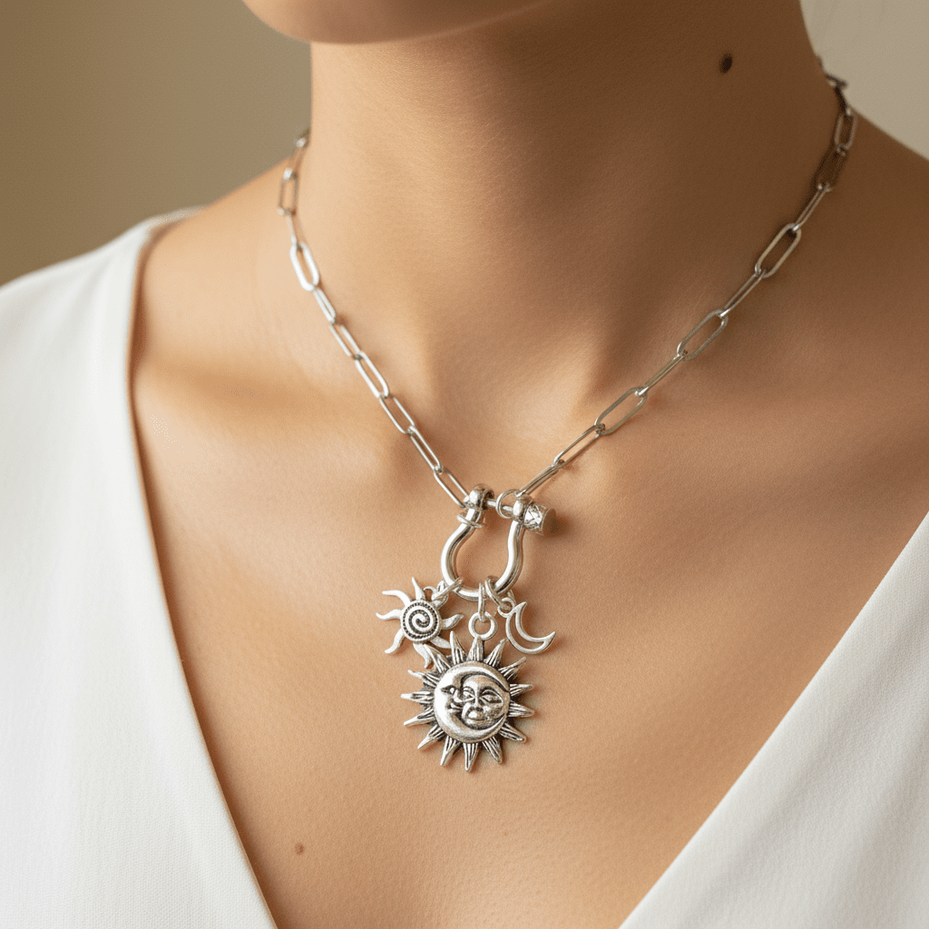 Sun/Moon, Crescent Moon and Swirly Sun Carabiner Necklace, Silver - 20 inch