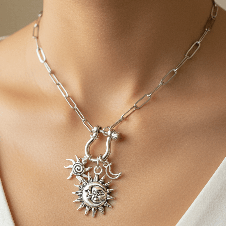 Sun/Moon, Crescent Moon and Swirly Sun Carabiner Necklace, Silver - 20 inch