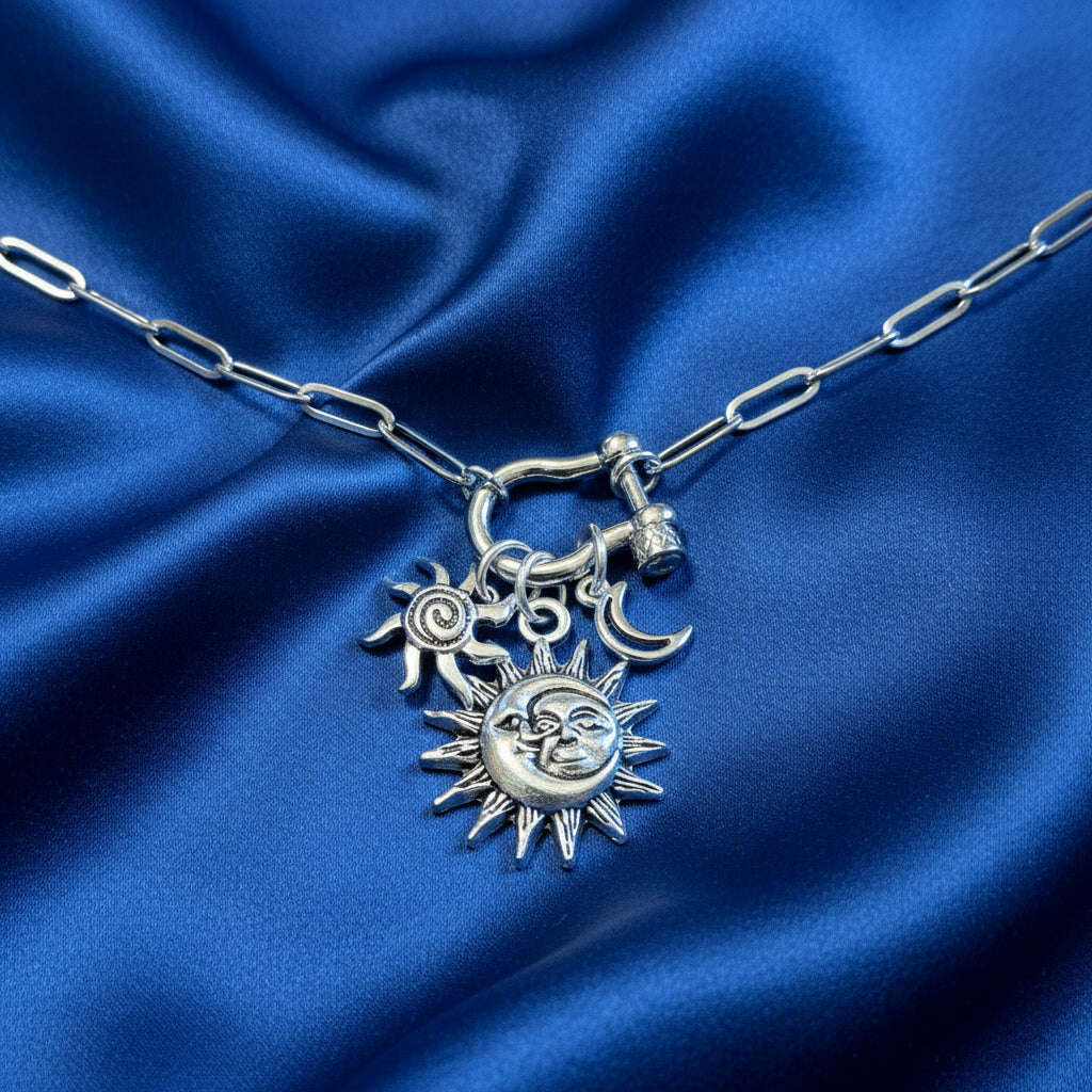 Sun/Moon, Crescent Moon and Swirly Sun Carabiner Necklace, Silver - 20 inch