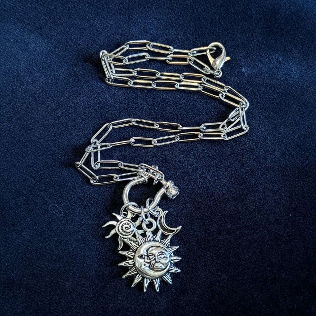 Sun/Moon, Crescent Moon and Swirly Sun Carabiner Necklace, Silver - 20 inch