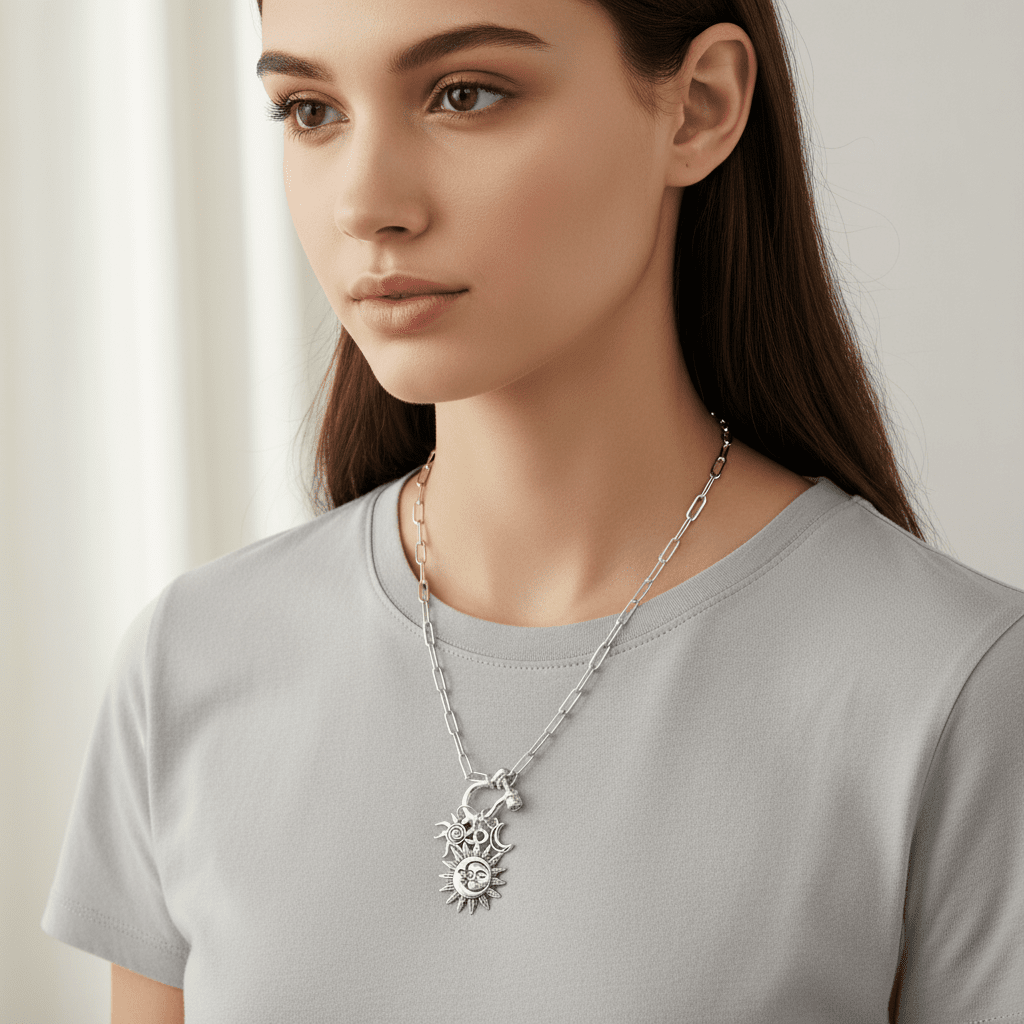 Sun/Moon, Crescent Moon and Swirly Sun Carabiner Necklace, Silver - 20 inch