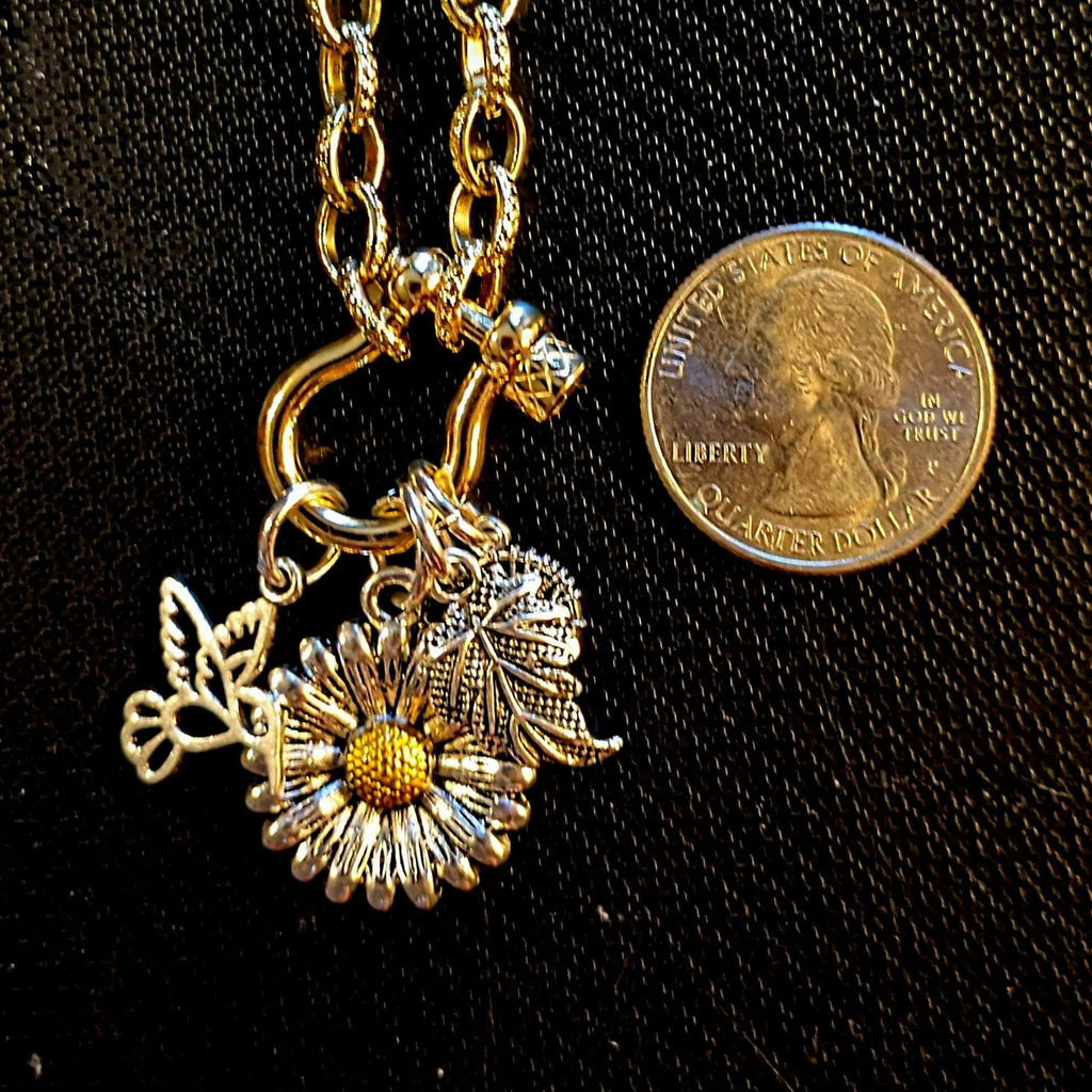 Two Tone Sunflower, Hummingbird Nature Carabiner Necklace, Gold - 20 inch