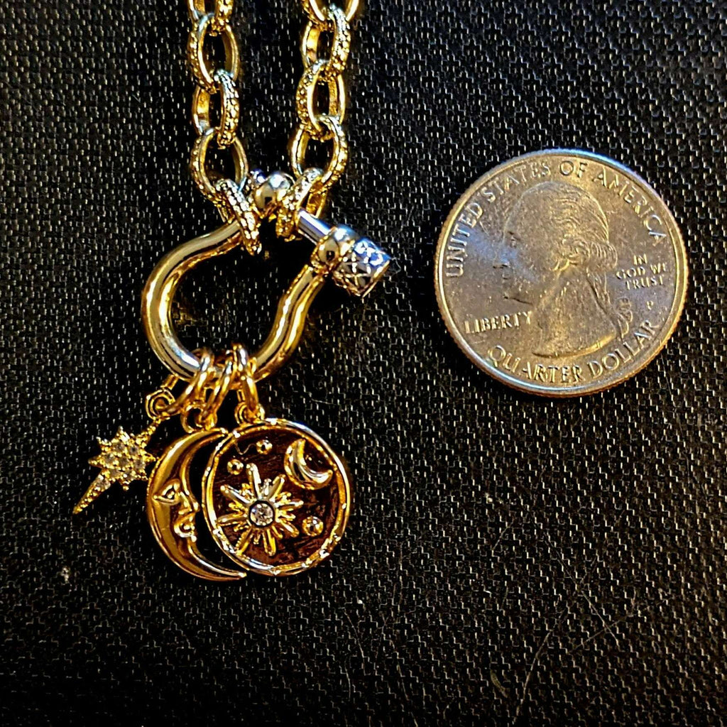 Crescent Moon and Star Carabiner Necklace, Gold - 20 inch