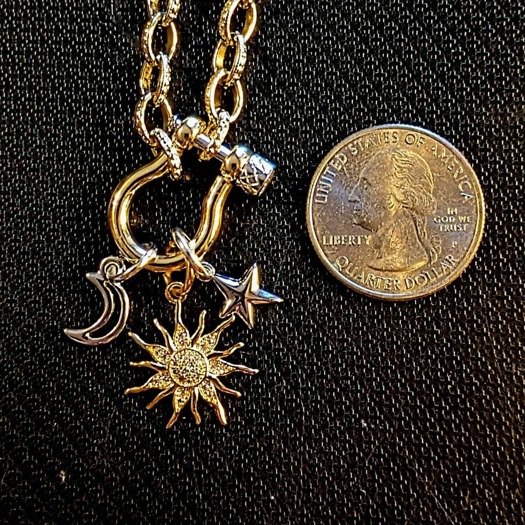 Gold CZ Sun and Silver Moon and Star Carabiner Necklace, Gold - 20 inch