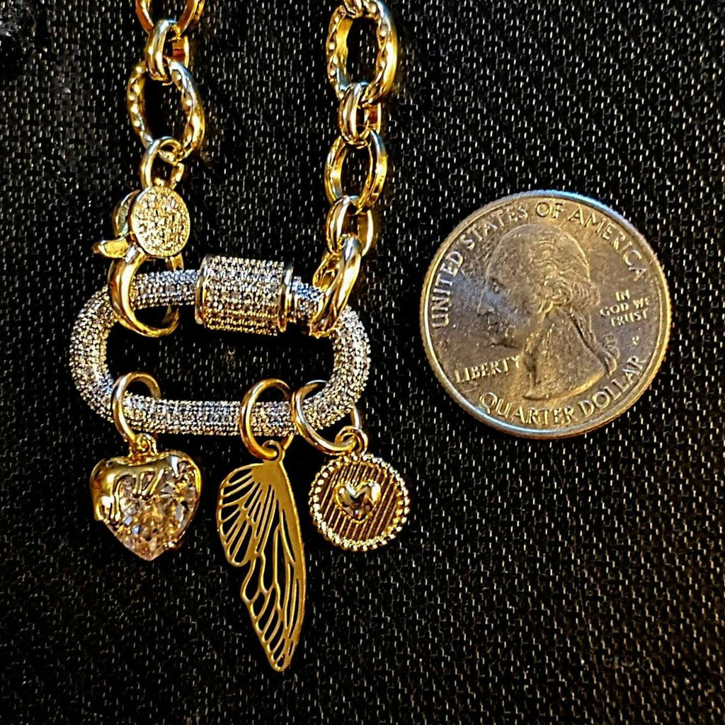 Dragonfly/Fairy Wing, Heart Carabiner Necklace, Gold - 20 inch